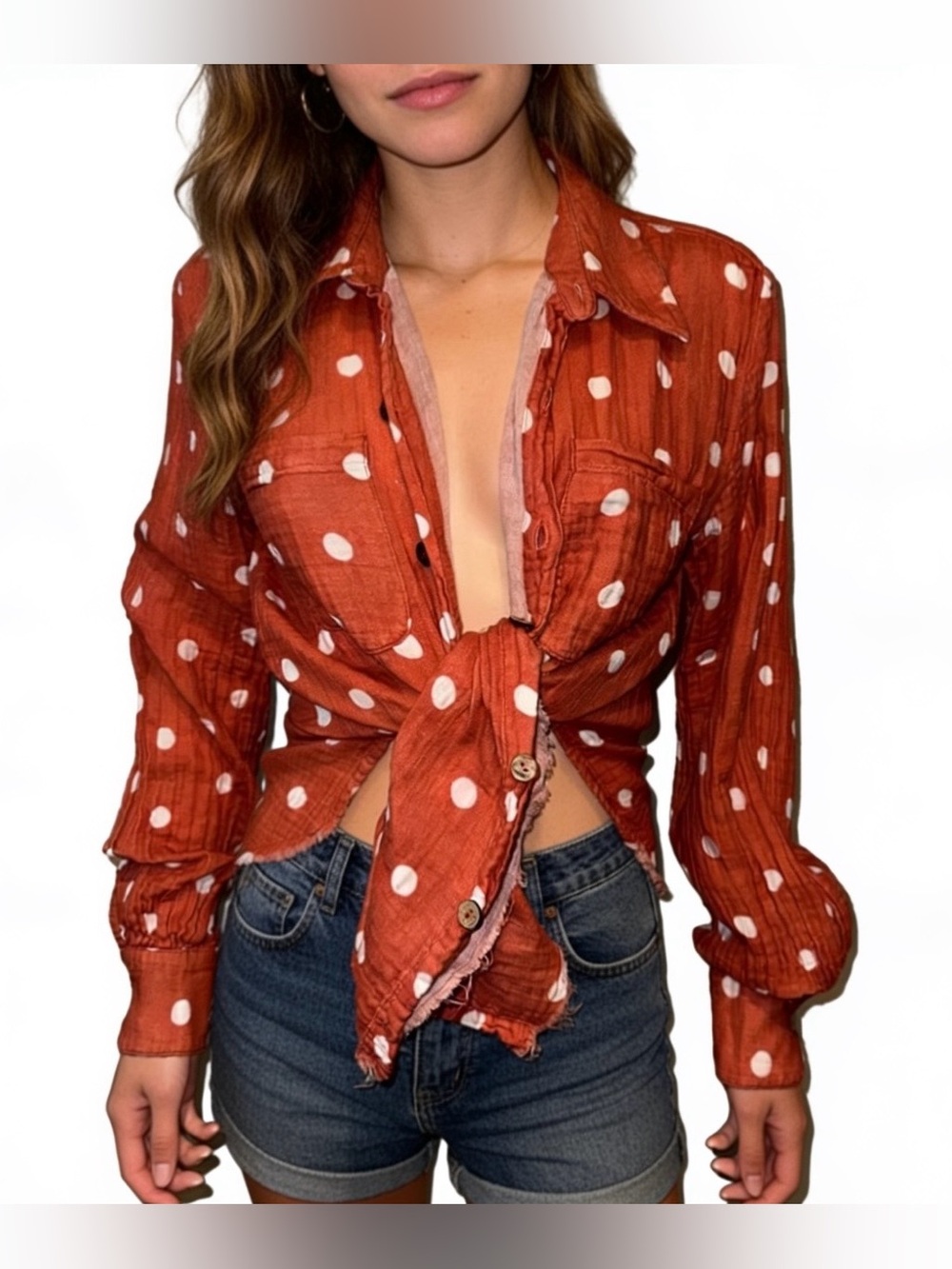 Jen’s Pirate Booty persimmon red white polka dot button down top tunic M